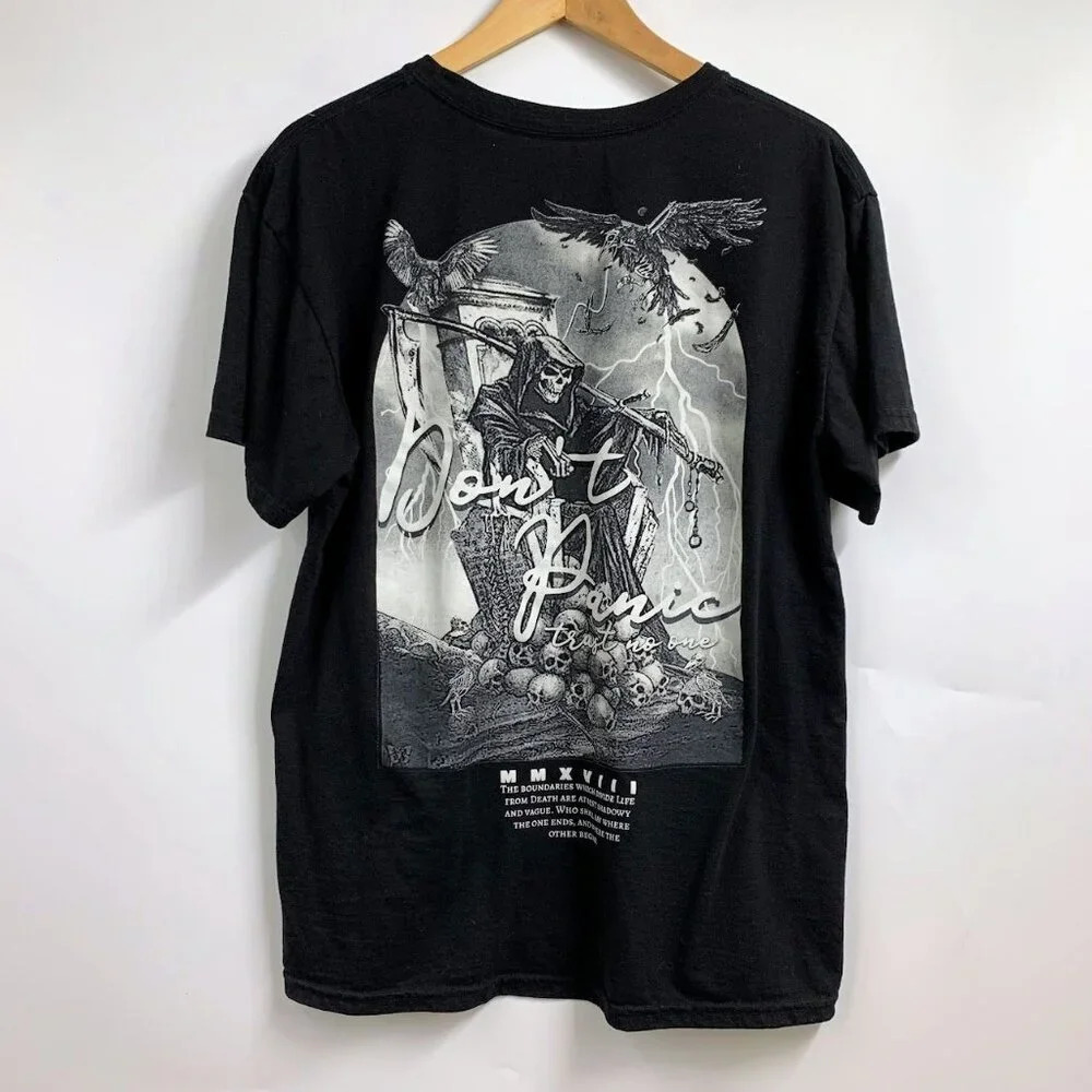 Fresh Laundry Grim Reaper Don’t Panic Trust No One Black Casual Graphic Tee SZ L